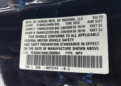 2020 Honda Cr-V 2Wd Touring z USA, uszkodzony, nr VIN 7FARW1H94LE009941